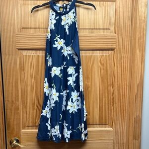 Floral Halter Neck Dress - Navy and White